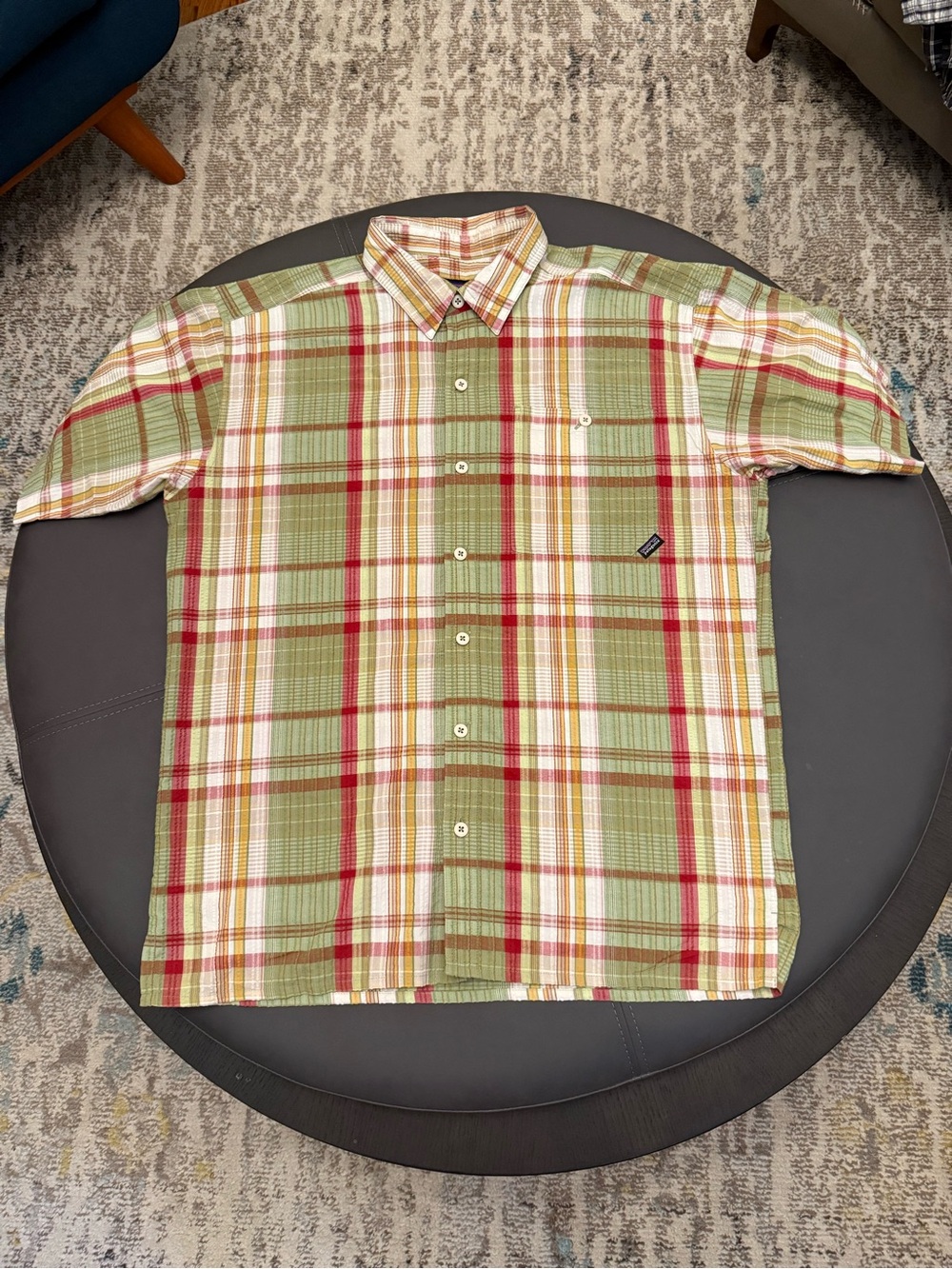 Patagonia Puckerware Hiking Button Down Green and Red Plaid Shirt
Men's M